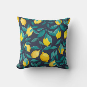 Lemon Branches: Blue Decorative Seamless Cushion