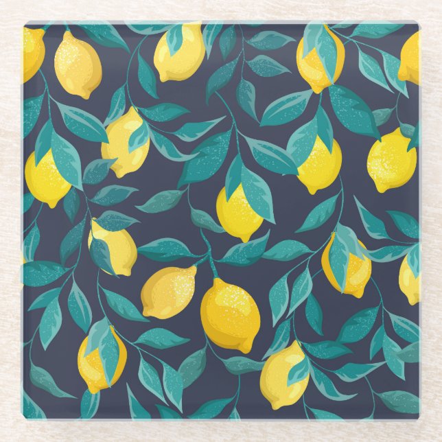 Lemon Branches: Blue Decorative Seamless Glass Coaster (Front)