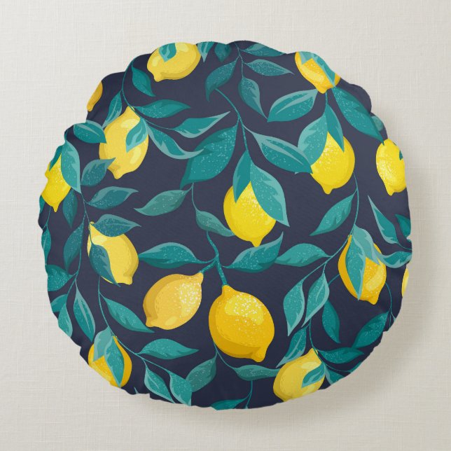 Lemon Branches: Blue Decorative Seamless Round Cushion (Front)