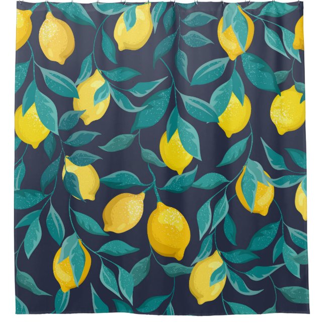 Lemon Branches: Blue Decorative Seamless Shower Curtain (Front)