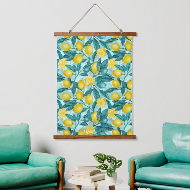 Lemon branches in blue and yellow hanging tapestry (Living Room)