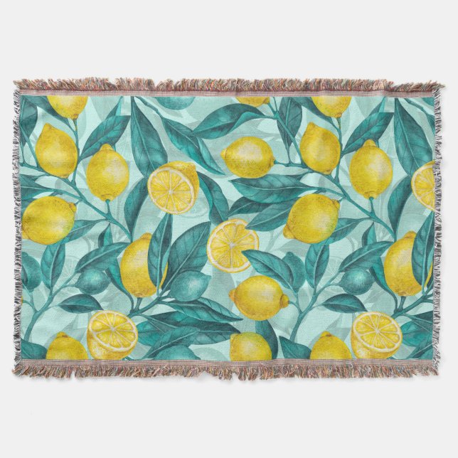 Lemon branches in blue and yellow throw blanket (Front)