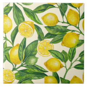 Lemon branches in green and yellow ceramic tile