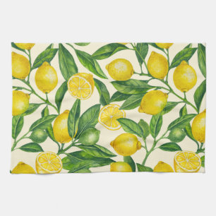 Lemon branches in green and yellow tea towel