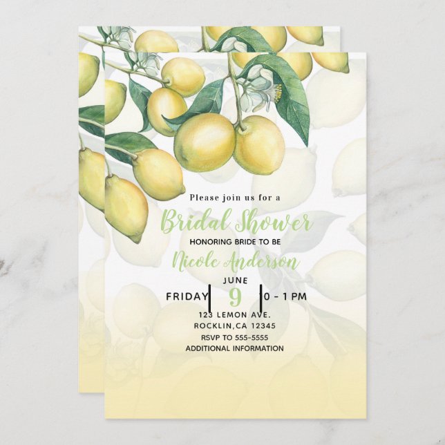 Lemon Branches White & Yellow Country Rustic Invitation (Front/Back)
