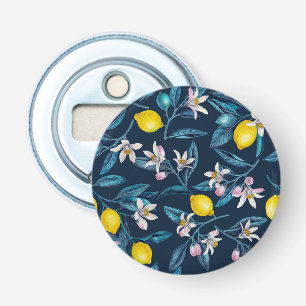 Lemon branches with blossoms and fruit on blue bottle opener