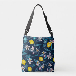Lemon branches with blossoms and fruit on blue crossbody bag