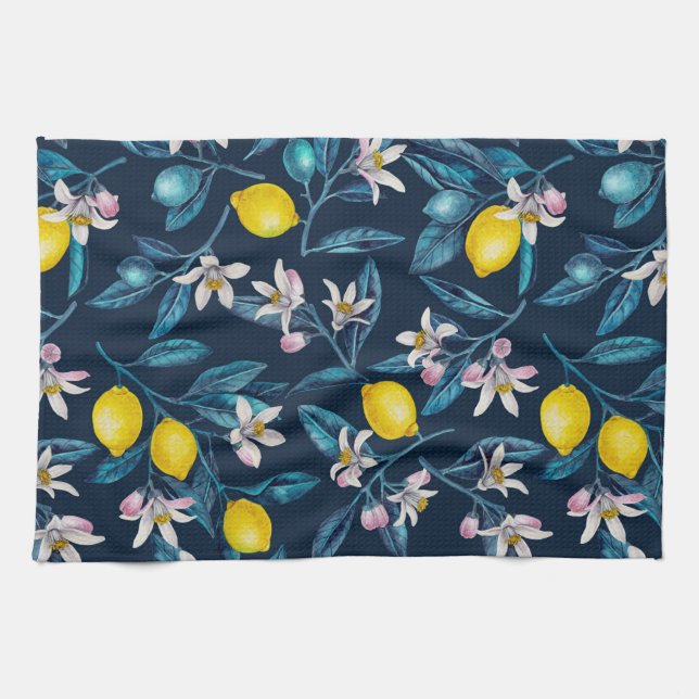 Lemon branches with blossoms and fruit on blue tea towel (Horizontal)
