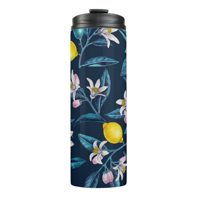 Lemon branches with blossoms and fruit on blue thermal tumbler (Front)