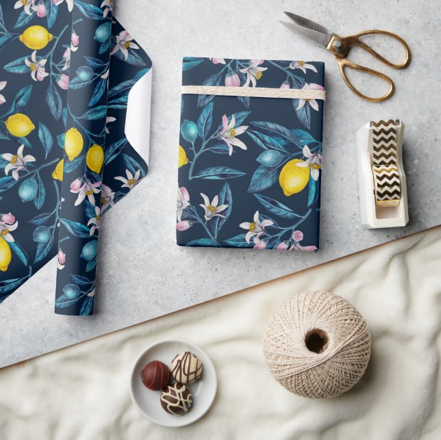 Lemon branches with blossoms and fruit on blue wrapping paper (Crafts)