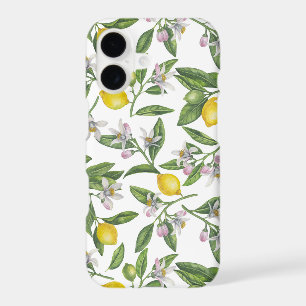 Lemon branches with blossoms and fruit on white