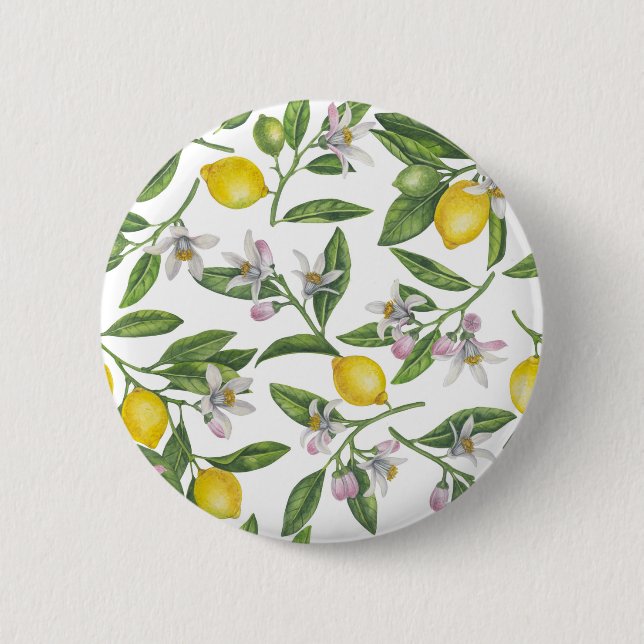 Lemon branches with blossoms and fruit on white 6 cm round badge (Front)