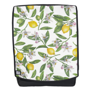 Lemon branches with blossoms and fruit on white backpack