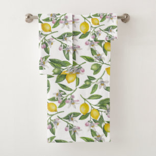 Lemon branches with blossoms and fruit on white bath towel set