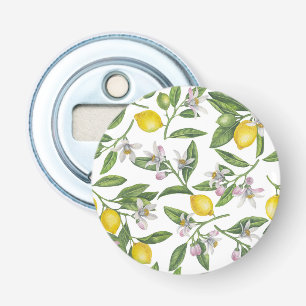 Lemon branches with blossoms and fruit on white bottle opener