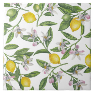 Lemon branches with blossoms and fruit on white ceramic tile