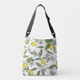 Lemon branches with blossoms and fruit on white crossbody bag