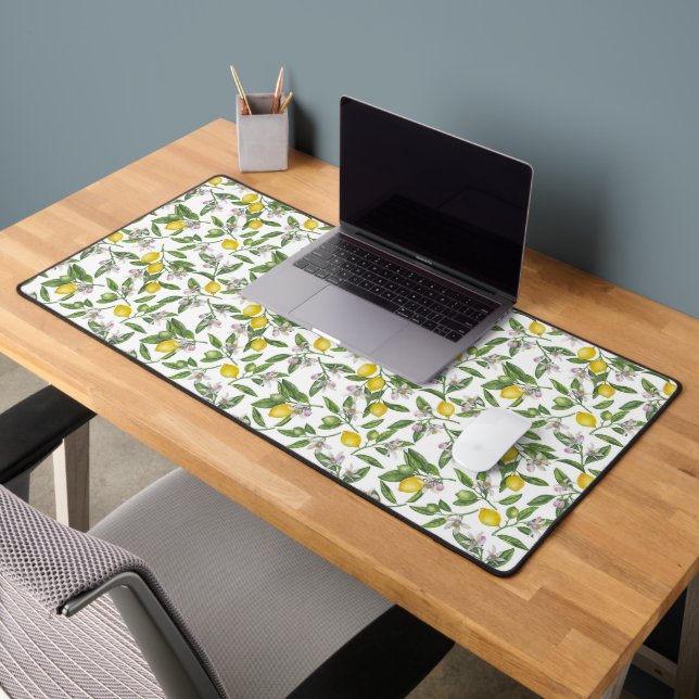 Lemon branches with blossoms and fruit on white desk mat (Office 2)