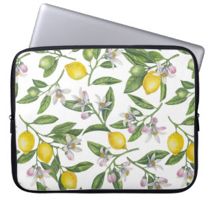 Lemon branches with blossoms and fruit on white laptop sleeve