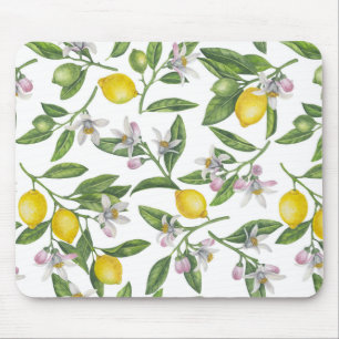 Lemon branches with blossoms and fruit on white mouse pad