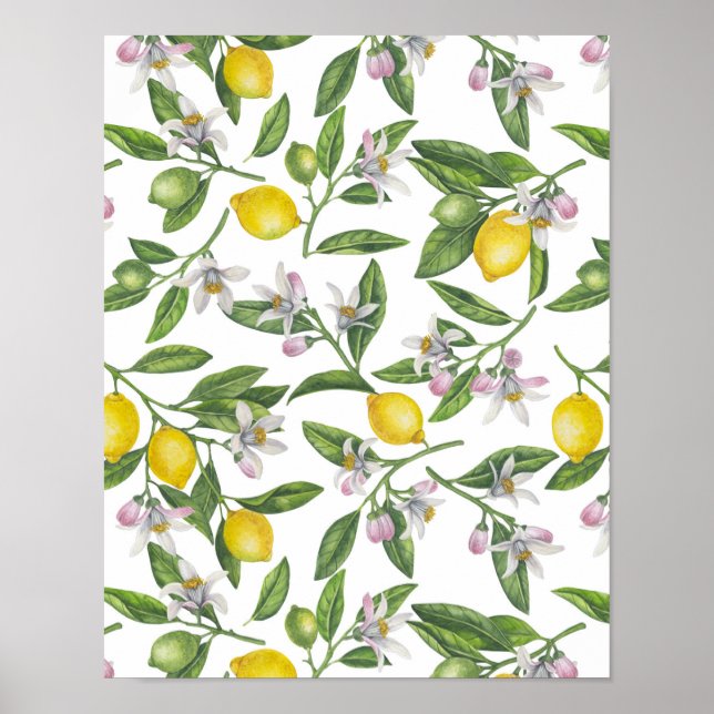 Lemon branches with blossoms and fruit on white poster (Front)