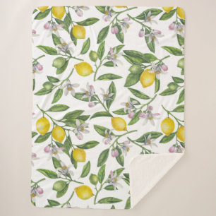 Lemon branches with blossoms and fruit on white sherpa blanket