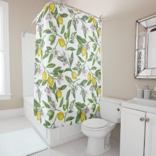 Lemon branches with blossoms and fruit on white shower curtain