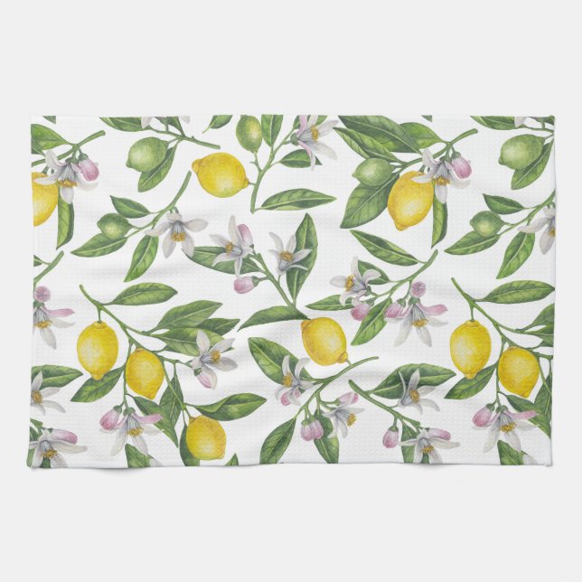 Lemon branches with blossoms and fruit on white tea towel (Horizontal)