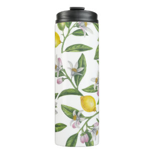 Lemon branches with blossoms and fruit on white thermal tumbler