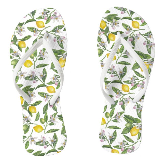 Lemon branches with blossoms and fruit on white thongs (Footbed)