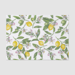 Lemon branches with blossoms and fruit on white tissue paper