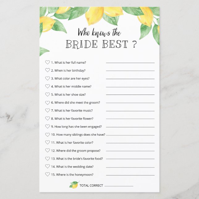 Lemon Bridal Game - Who Know The Bride Best (Front)