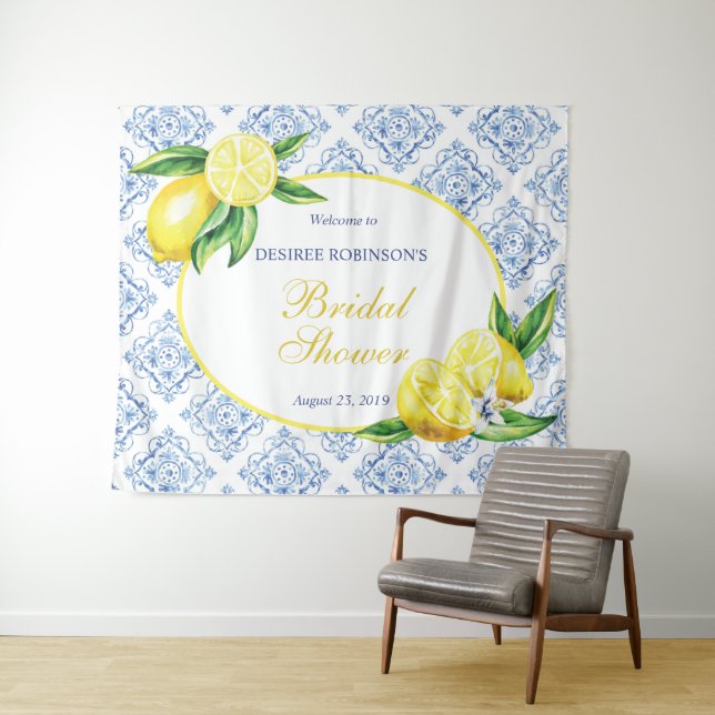 Lemon Bridal Shower Blue Tile Italian Backdrop Tapestry (In Situ (Horizontal))
