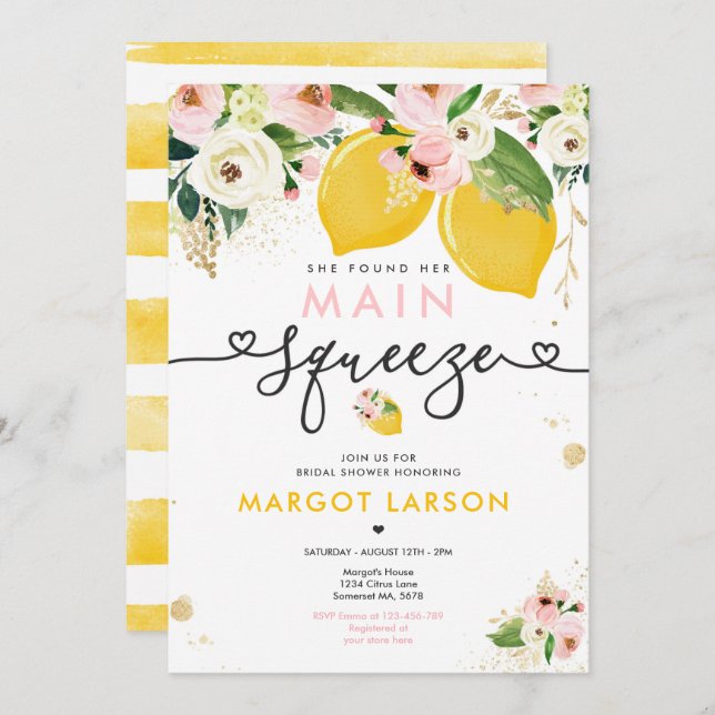 Lemon Bridal Shower Floral Lemon Main Squeeze Invitation (Front/Back)