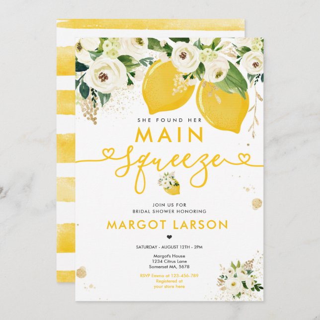 Lemon Bridal Shower Floral Lemon Main Squeeze Invitation (Front/Back)