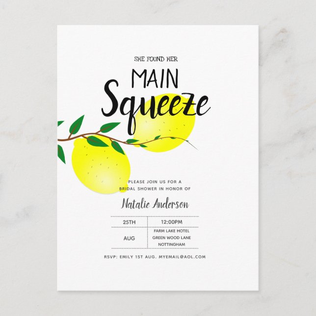 Lemon Bridal Shower Found Her Main Squeeze Invites Postcard (Front)