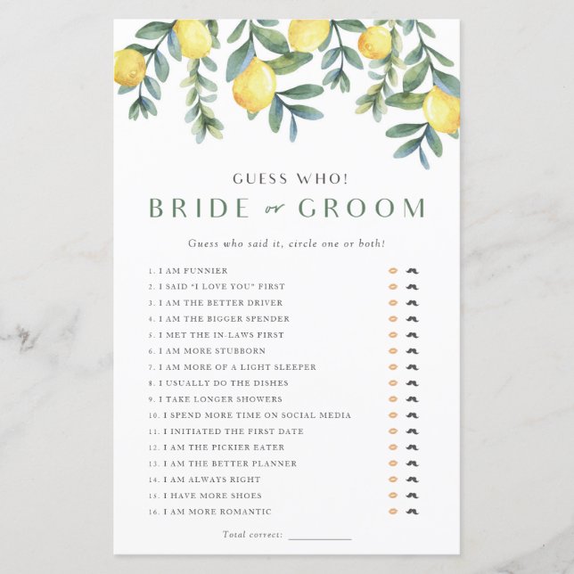 Lemon Bridal Shower Game He said She said (Front)