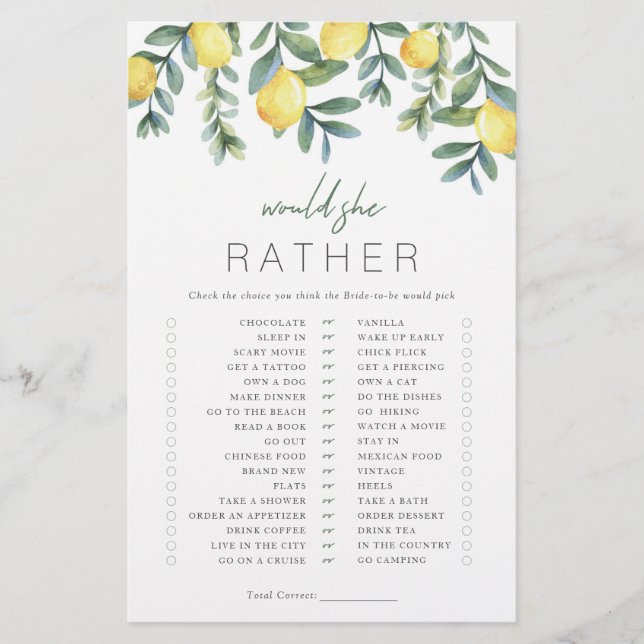  Lemon Bridal Shower Game Would she rather (Front)