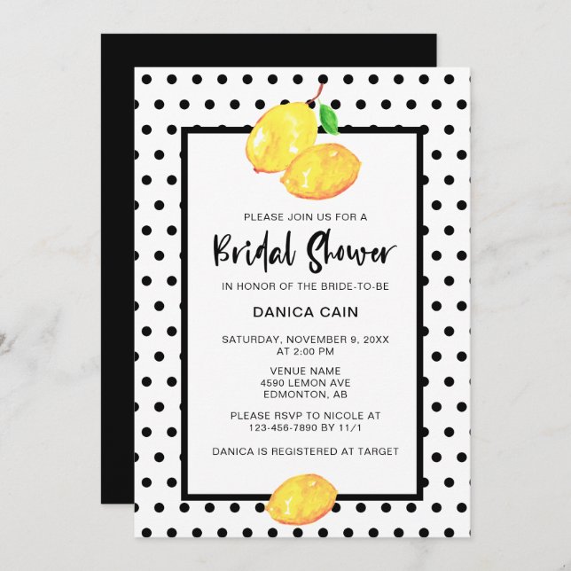 Lemon Bridal Shower Hand Lettering Polka Dots Invitation (Front/Back)