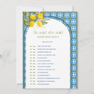  Lemon Bridal Shower He Said She Said Game Card