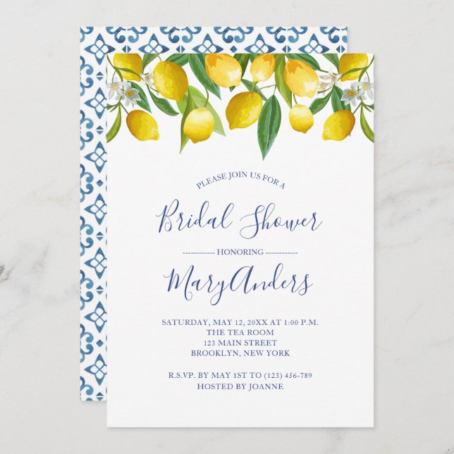 Lemon Bridal Shower Invitation, Blue Tile Italian  Invitation (Front/Back)