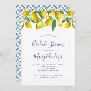Lemon Bridal Shower Invitation, Blue Tile Italian  Invitation