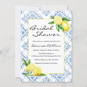 Lemon Bridal Shower Invitation, Blue Tile Italian Invitation