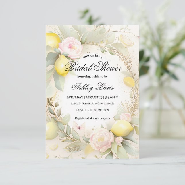 Lemon Bridal shower invitation, Citrus fruit Invitation (Standing Front)