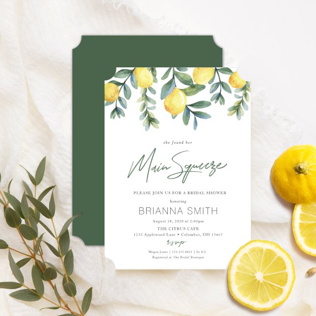 Lemon Bridal Shower invitation main squeeze (Main Squeeze elegant citrus lemon bridal shower invitations with green back side )