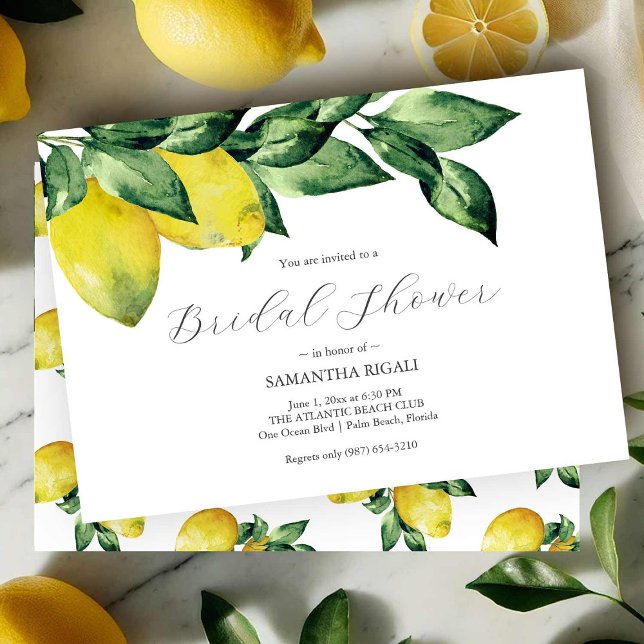 Lemon Bridal shower invitations | Horizontal (Watercolor lemons bridal shower invitations art by Victoria Grigaliunas of Do Tell A Belle)