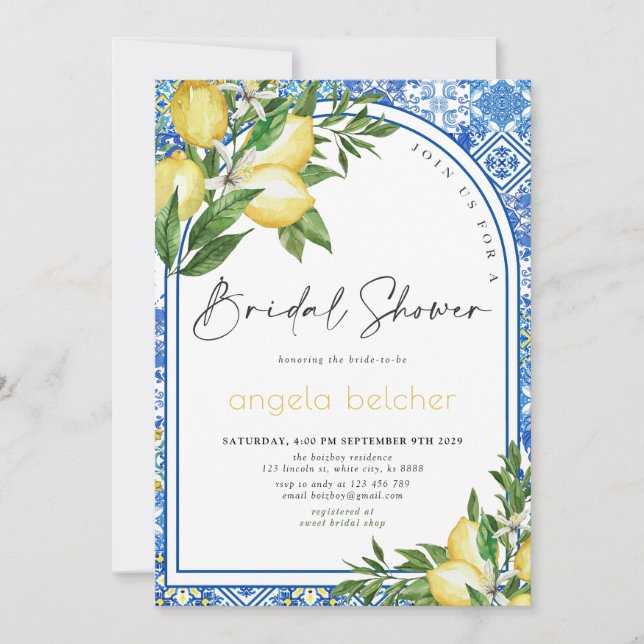 Lemon Bridal Shower - Italian Blue Tiles  Invitation (Front)
