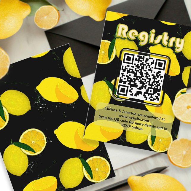 Lemon Bridal Shower QR Code Black Yellow Registry  Enclosure Card (Creator Uploaded)