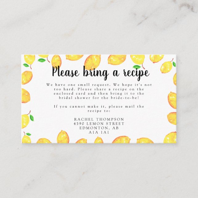 Lemon Bridal Shower Recipe Request Card  (Front)