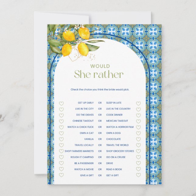 Lemon Bridal Shower Would She Rather Game Card (Front)